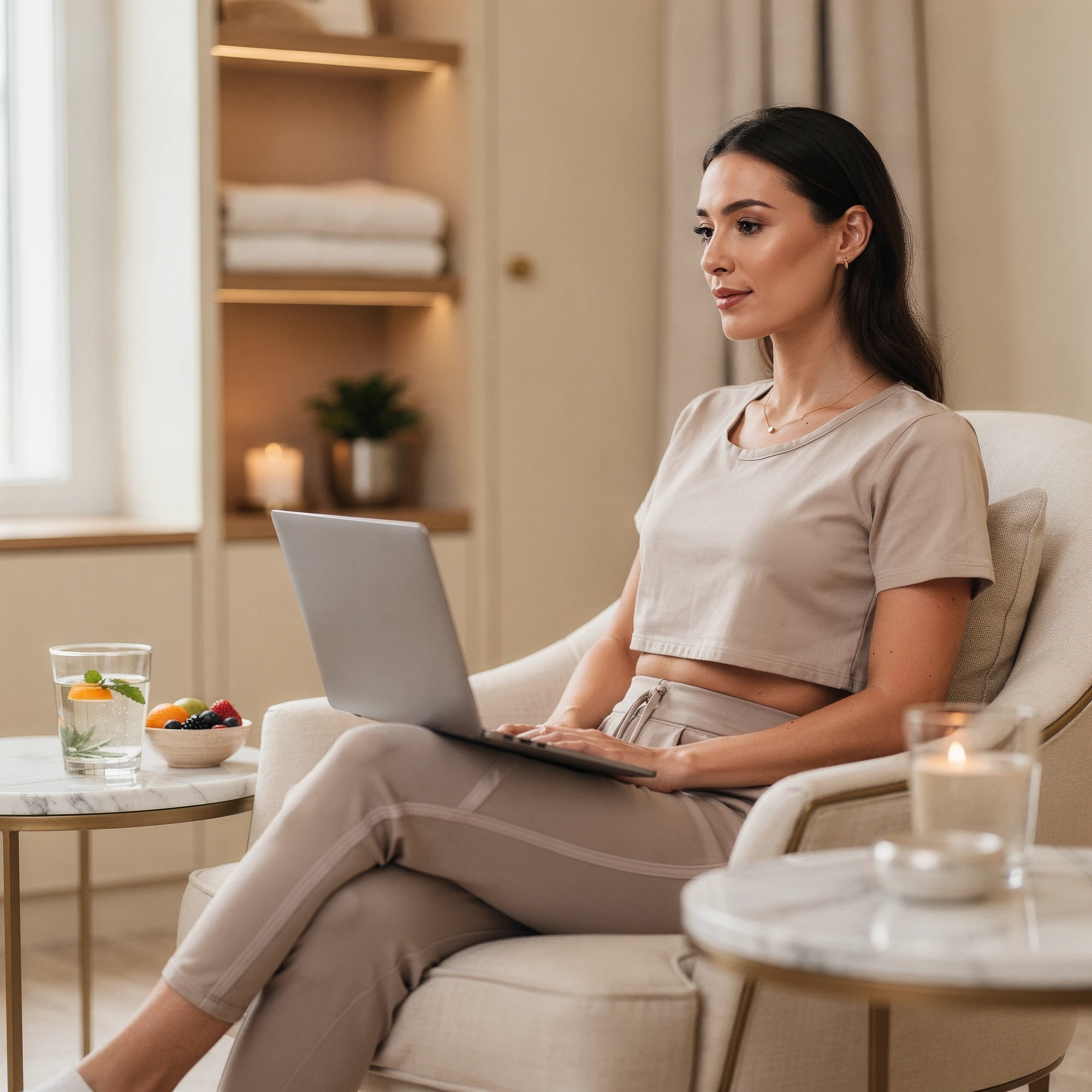 Woman in casual clothing using a laptop during a telehealth consultation at home